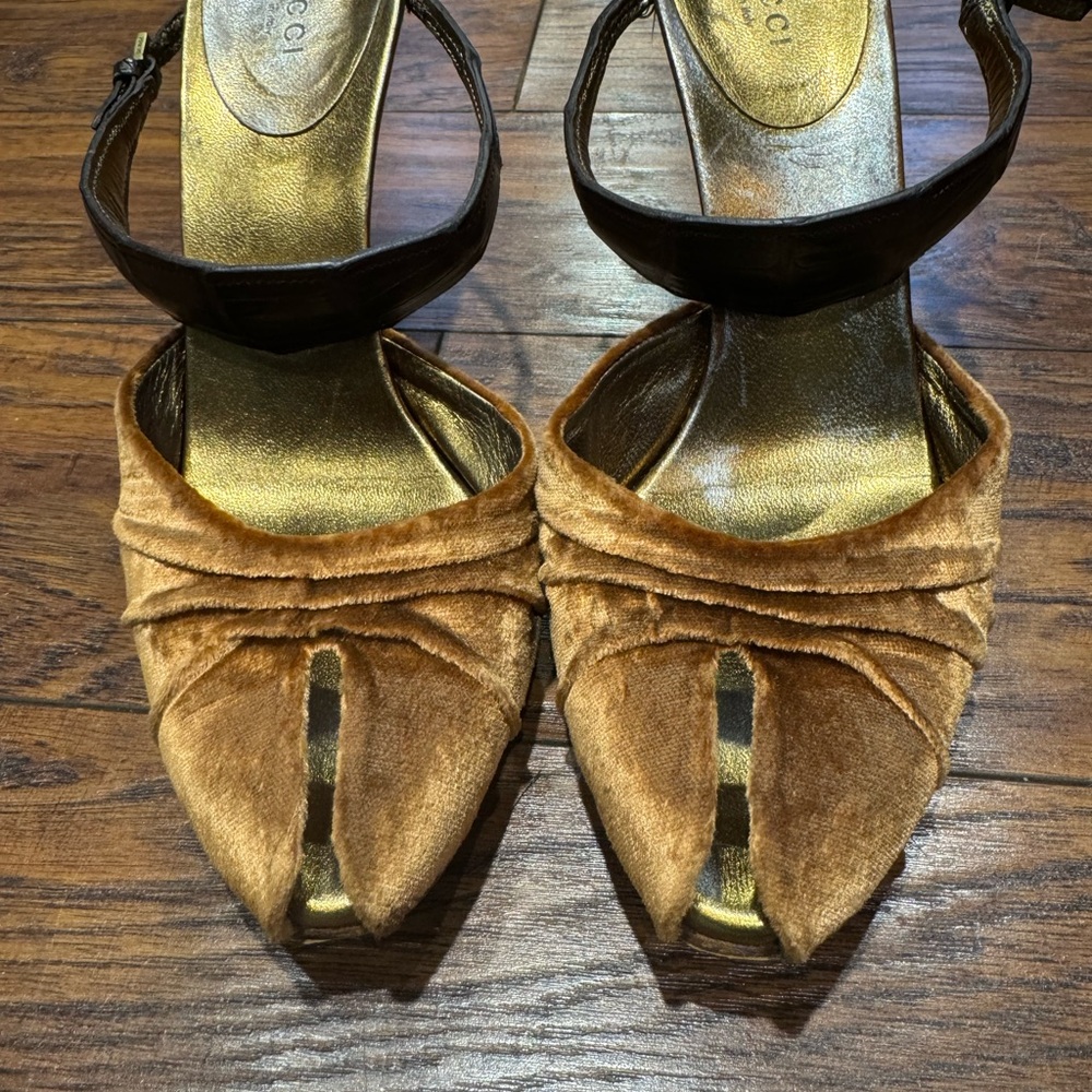 Gucci Brown and Gold Heels with Pointed Toe and Ankle Strap